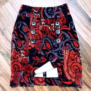 Etcetera Velvet Paisley Burnt Red Front Button Detail Skirt  Size 2